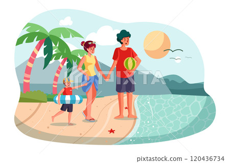 Happy family walking outdoors along ocean beach 120436734