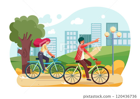 People riding a bike in the park 120436736