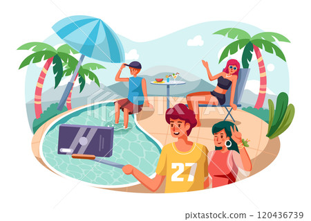 Young couple are making selfie while having fun in pool 120436739