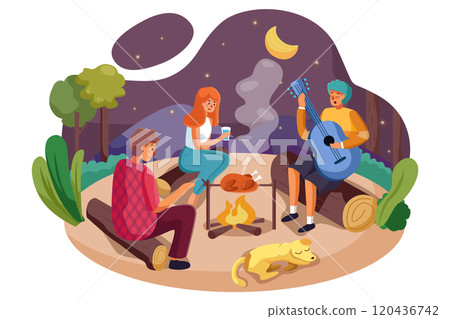 Group of man and woman enjoy camping picnic and barbecue 120436742