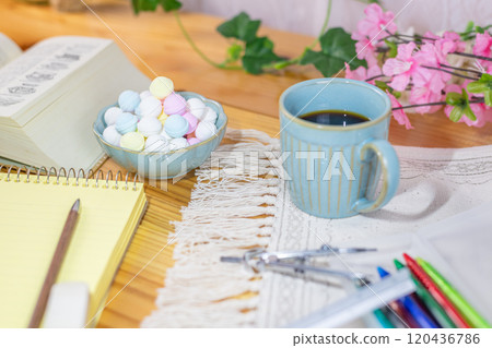 Coffee and Ramune prepared along with study materials 120436786