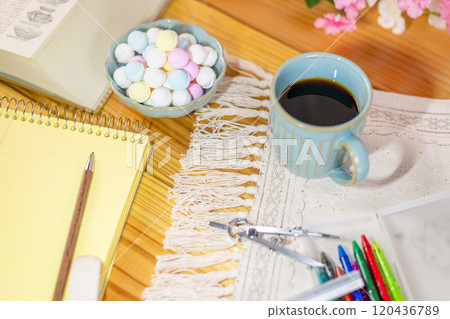 Coffee and Ramune prepared along with study materials 120436789
