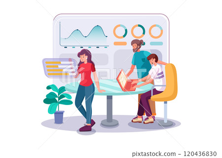 Team works on project with help of analytics, computers and graphs in office. 120436830
