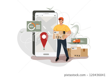 Handsome man delivery boxes to point using smartphone illustration Handsome man delivery boxes to point using smartphone illustration 120436841