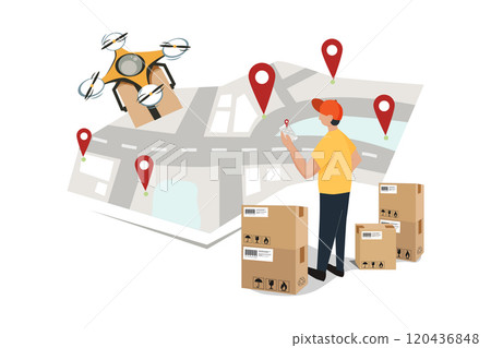 Delivery man with mobile phone with digital map and drone delivery illustration Delivery man with mobile phone with digital map and drone delivery illustration 120436848