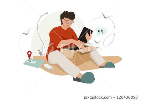 Smart man unpacking big parcel illustration Smart man unpacking big parcel illustration 120436850