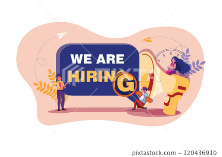 A team work standing and sitting with big megaphone behind and shout We are Hiring A team work standing and sitting with big megaphone behind and shout We are Hiring 120436910