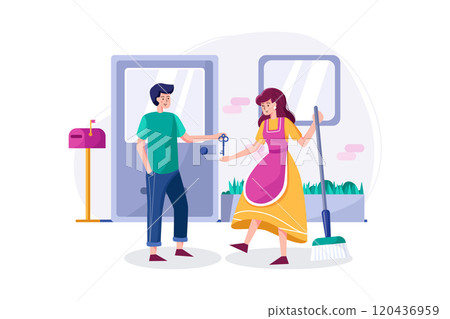 The host gives the key to the cleaning woman. 120436959