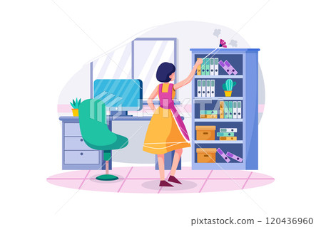 Cleaning worker cleans the office with Feather brush. 120436960