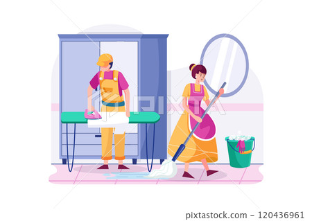 The cleaning workers are on duty. 120436961