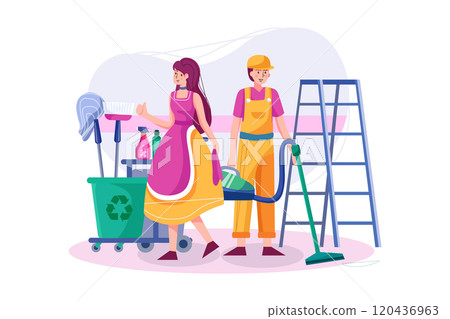 The cleaning team with professional equipment is ready to work. 120436963