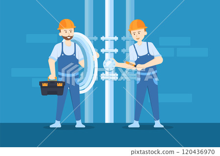 Plumbers are loosening the valve in order to replace the new pipe. Plumbers are loosening the valve in order to replace the new pipe. 120436970