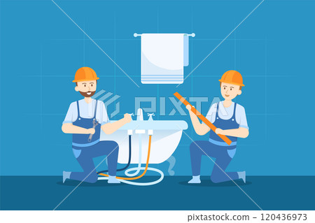 Plumbers are fixing the water pipes of the bathtub. Plumbers are fixing the water pipes of the bathtub. 120436973