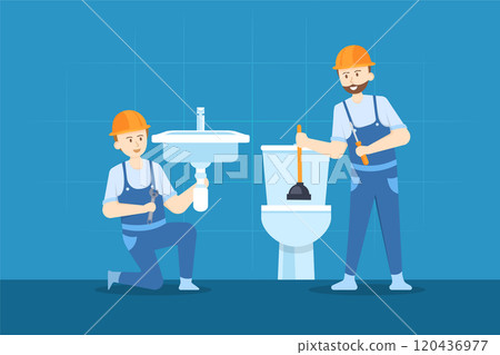 Young plumber is repairing the hand sink while the other plumber clearing the toilet. 120436977