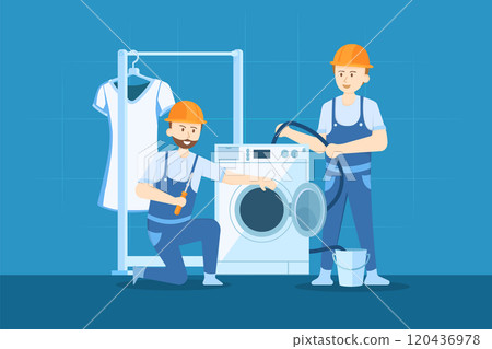 Plumbers are soaking up and fixing the washing machine. Plumbers are soaking up and fixing the washing machine. 120436978