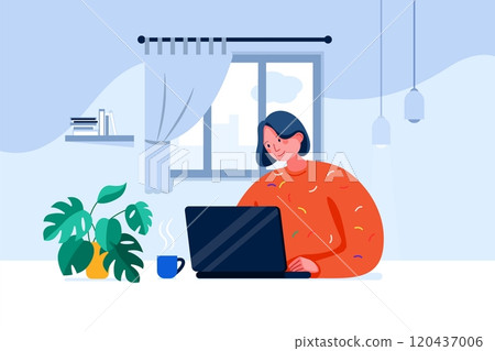 Freelancer young woman sitting in pajamas at her home office with laptop Freelancer young woman sitting in pajamas at her home office with laptop 120437006