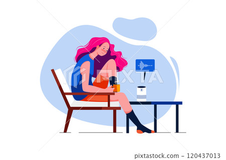 Young Woman talk to voice assistant at home and feel happy 120437013