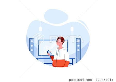 Smart home living room controlled by man holding a smartphone 120437015