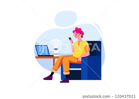 Man using smartphone and laptop controlled by smart speaker voice recognition concept 120437021