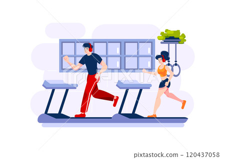 Man and woman run on treadmill. 120437058