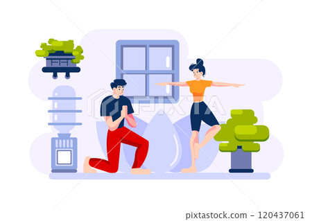 A man and woman are on yoga practice. 120437061