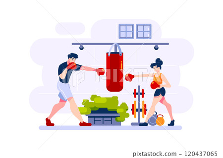 Man and woman practice boxing Man and woman practice boxing 120437065