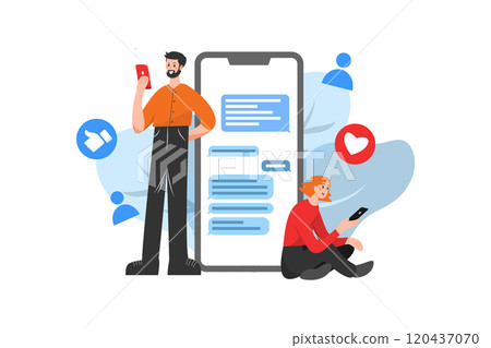Two people are exchanging information via social networks, behind is a phone displaying messages 120437070