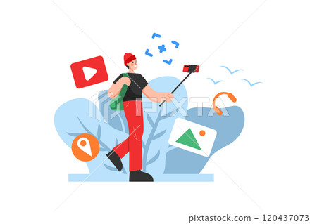 a tourist is visiting, holding a selfie stick taking a picture to post on social networks 120437073