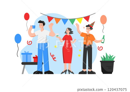 People at the party socializing, posing for photos and sharing on social network 120437075