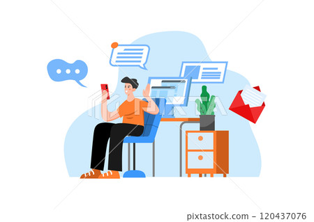 Man holding phone using social media with a computer in the background receiving notifications and emails Man holding phone using social media with a computer in the background receiving notifications and emails 120437076