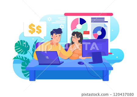 Man discussing with woman about project income Man discussing with woman about project income 120437080