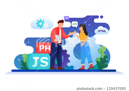 Man is explaining with woman how programming language works 120437085