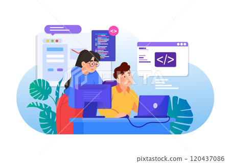 Man and woman are working together on programming 120437086