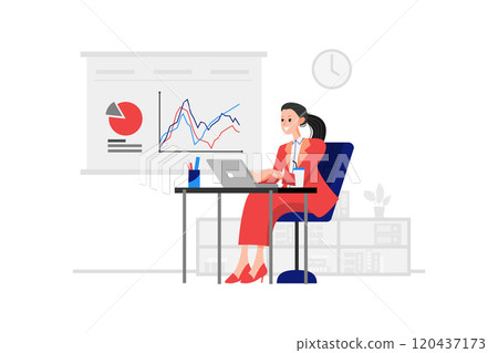 A marketing manager is sitting in front of the laptop with a pie chart and line chart on the back A marketing manager is sitting in front of the laptop with a pie chart and line chart on the back 120437173