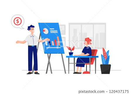 A young man and a young girl are discussing the profits and the growth achieved from a marketing campaign 120437175