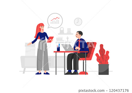 A female employee is reading financial statements for the director in the office. A female employee is reading financial statements for the director in the office. 120437176