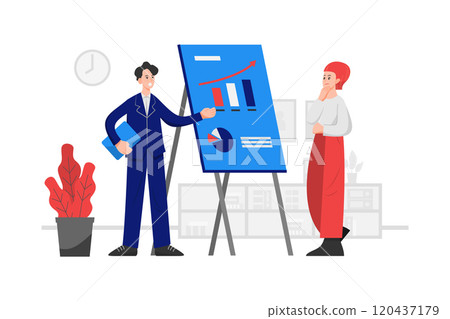 Two employees in a meeting room with a table showing a bar chart and a pie chart 120437179