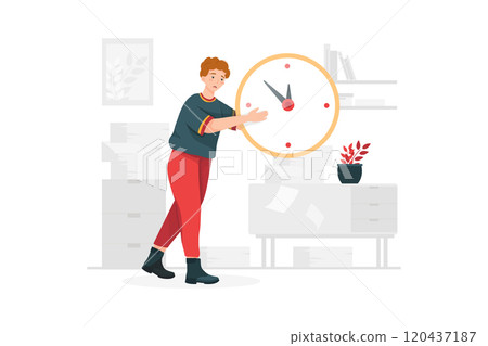 Confused man trying to adjust the big clock 120437187