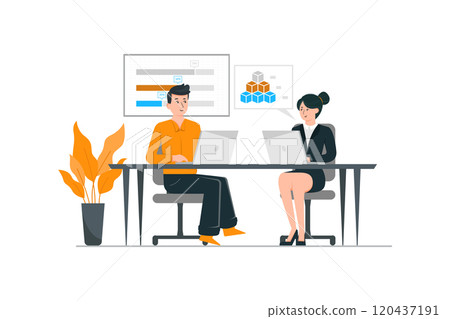 Man and woman working together in office 120437191