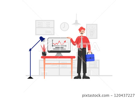 Employee holding a briefcase standing next to the computer screen. Computer screen shows development chart Employee holding a briefcase standing next to the computer screen. Computer screen shows development chart 120437227