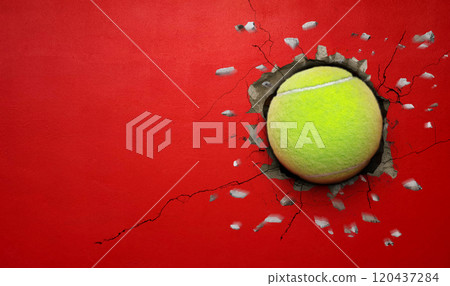 Tennis ball cement wall concept of strength. Tennis ball cement wall concept of strength. 120437284