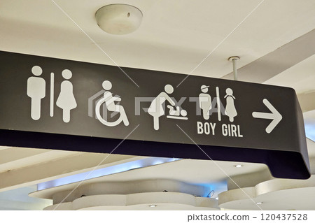 Hanging Toilet Sign on the Ceiling. 120437528