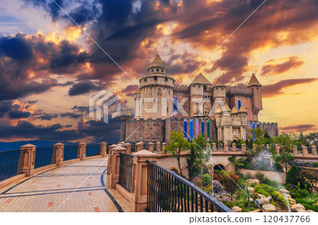 beautiful modern castle in Ba Na Hills in Da Nang in Vietnam at sunset beautiful modern castle in Ba Na Hills in Da Nang in Vietnam at sunset 120437766