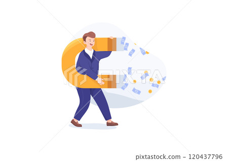 Businessman Character Attract Money Cash with Big Magnet Businessman Character Attract Money Cash with Big Magnet 120437796
