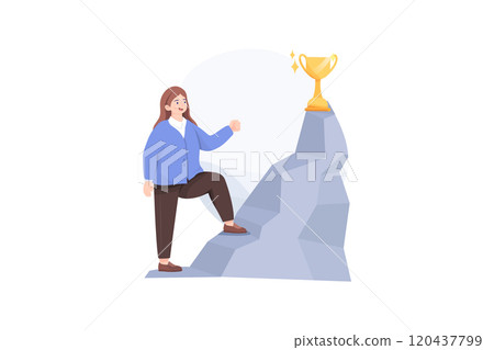 Businesswoman Climbed to Top of Mountain Enjoying Victory 120437799