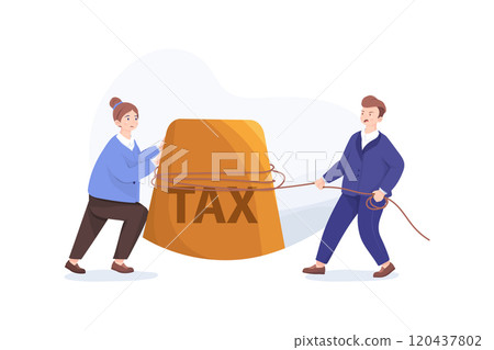 Business Taxation Concept. Businesspeople Pull and Push Huge Weight with Tax Inscription. Business Taxation Concept. Businesspeople Pull and Push Huge Weight with Tax Inscription. 120437802