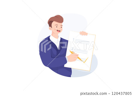 Businessman Character Mark Checklist with Pen. Goal Achievements 3. Planning Schedule Concept. Businessman Character Mark Checklist with Pen. Goal Achievements 3. Planning Schedule Concept. 120437805