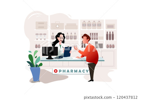 Pharmacist at counter in pharmacy.Man buys drugs at the pharmacy. 120437812
