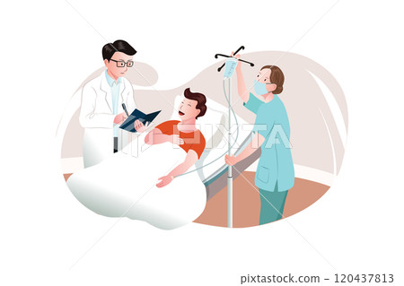 Sick young person lies with dropper near with doctor and nurse at the hospital. Sick young person lies with dropper near with doctor and nurse at the hospital. 120437813