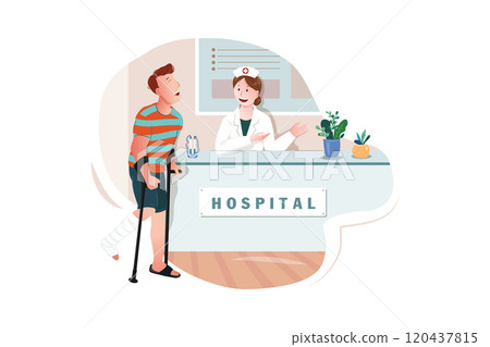 Young man with broken leg, bone in doctor s office at reception. 120437815